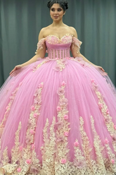 Gold Beaded Off-Shoulder Ball Gown with Detachable Ruffles & 3D Floral Appliques Sparkling Pink Tulle Quinceanera & Formal Party Dress